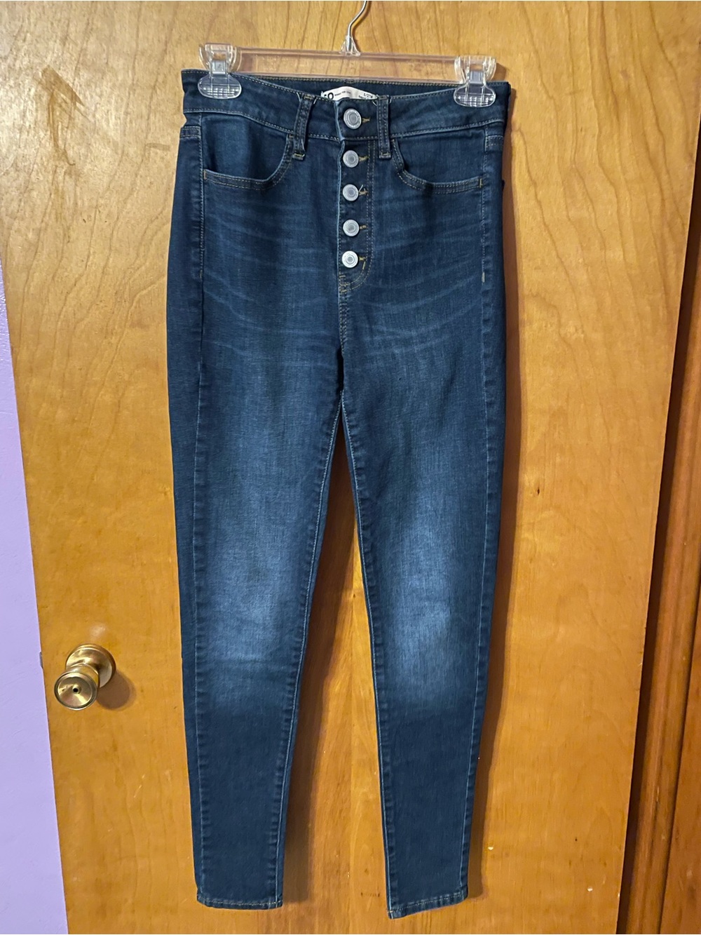 SO Women's Super High-Rise Button-Fly Jeggings- Dark Blue Wash